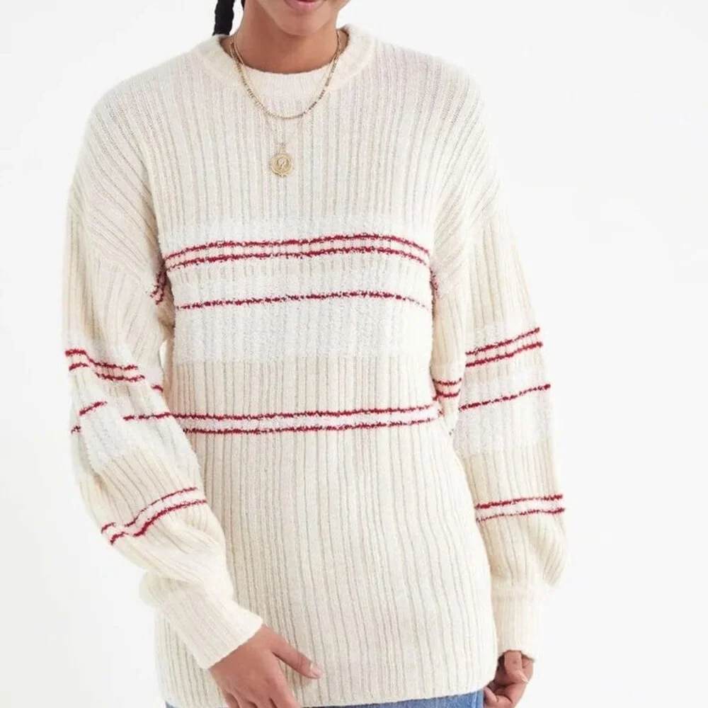 Urban Outfitters Snuggle Up Striped Pullover Sweater Sz XS Cream Red Cozy Fuz…